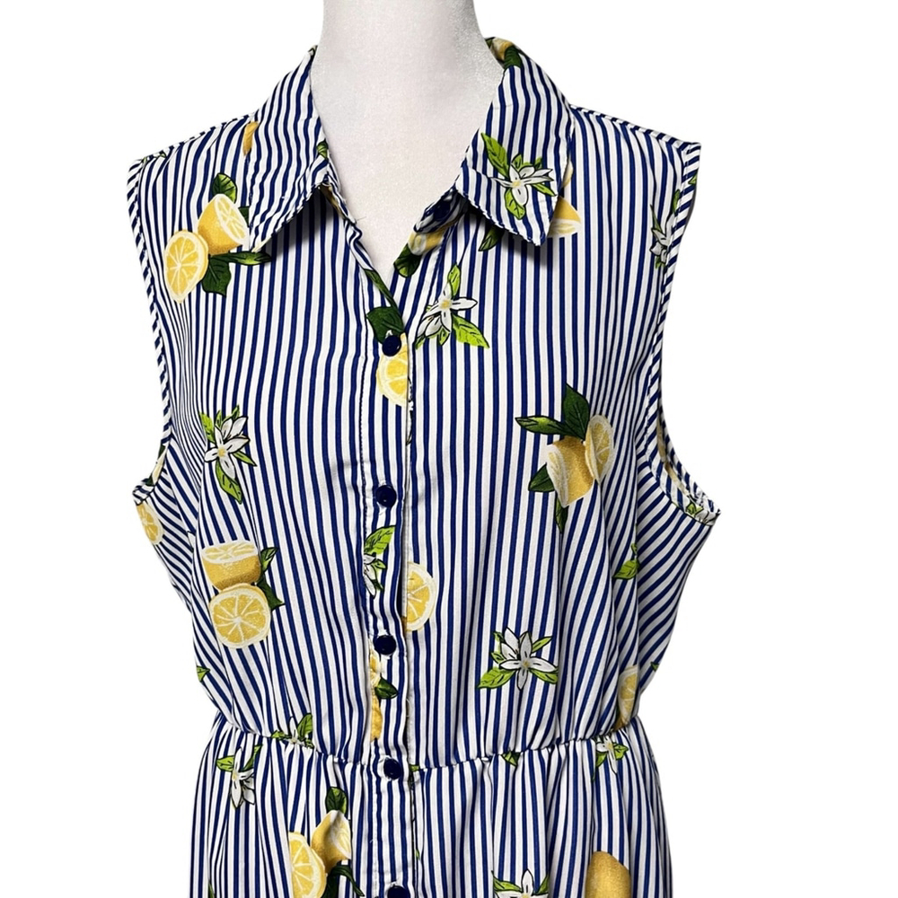 Mlle Gabrielle Blue Striped Lemon Print Button Down Shirt Maxi Dress Size XL - Picture 3 of 7